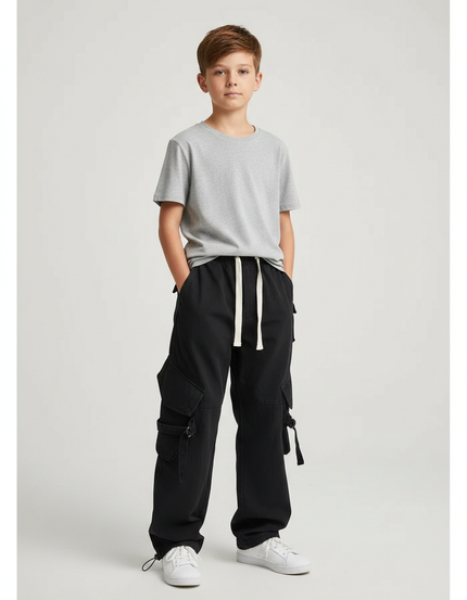 Pantalon Parachute Noir Cargo Cordon Ample Jeune - Toile
