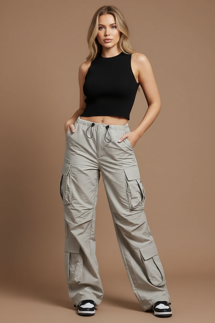 Pantalon Parachute Gris Ample Cargo Cordon Fluide - Polyester