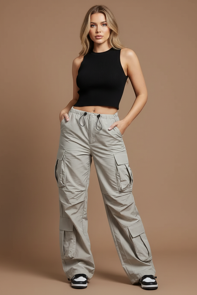 Pantalon Parachute Gris Ample Cargo Cordon Fluide - Polyester