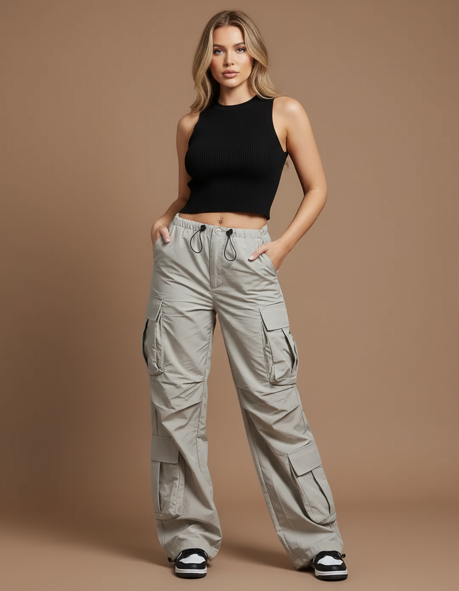 Pantalon Parachute Gris Ample Cargo Cordon Fluide - Polyester