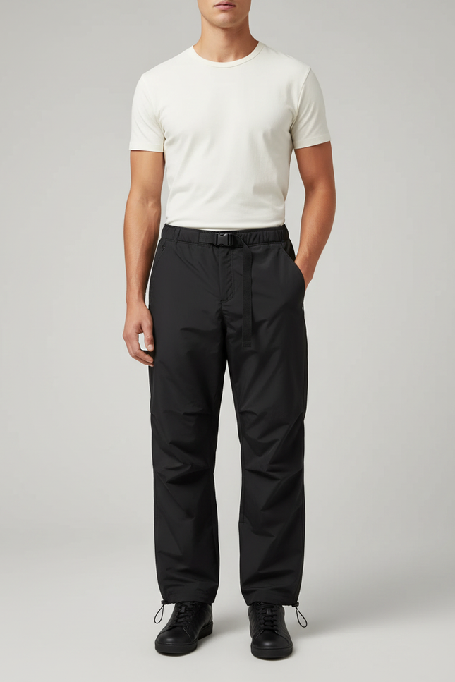 Pantalon Parachute Noir Ample Ceinture Cordon Unisexe - Polyester