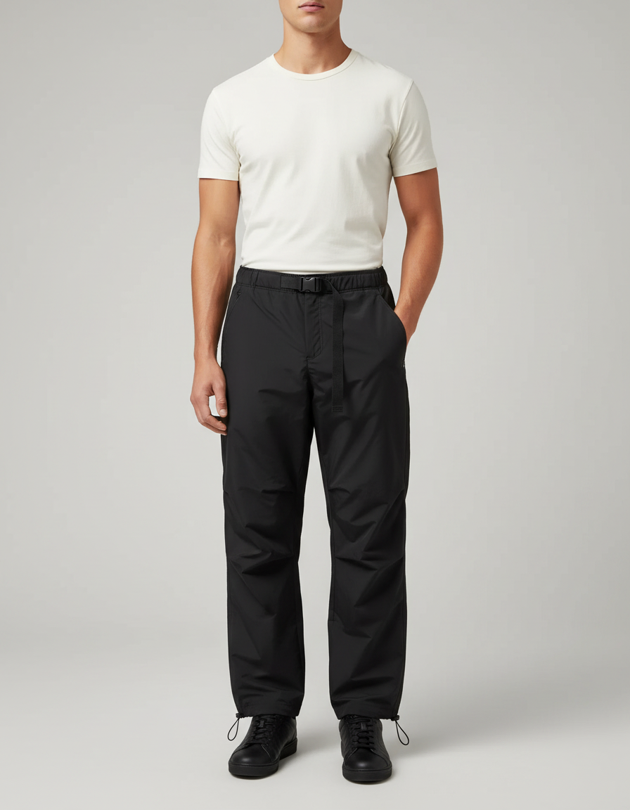 Pantalon Parachute Noir Ample Ceinture Cordon Unisexe - Polyester