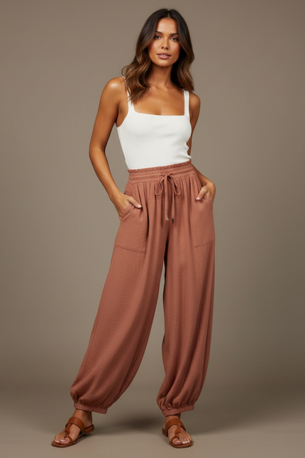 Pantalon Parachute Fluide Ample Taille Élastique Marron - Viscose