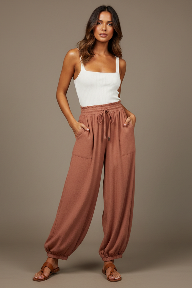 Pantalon Parachute Fluide Ample Taille Élastique Marron - Viscose