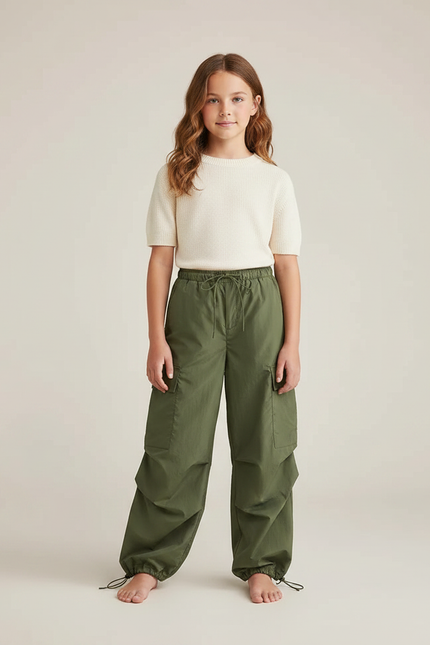 Pantalon Parachute Kaki Cargo Ample Cordon Enfant - Polyester