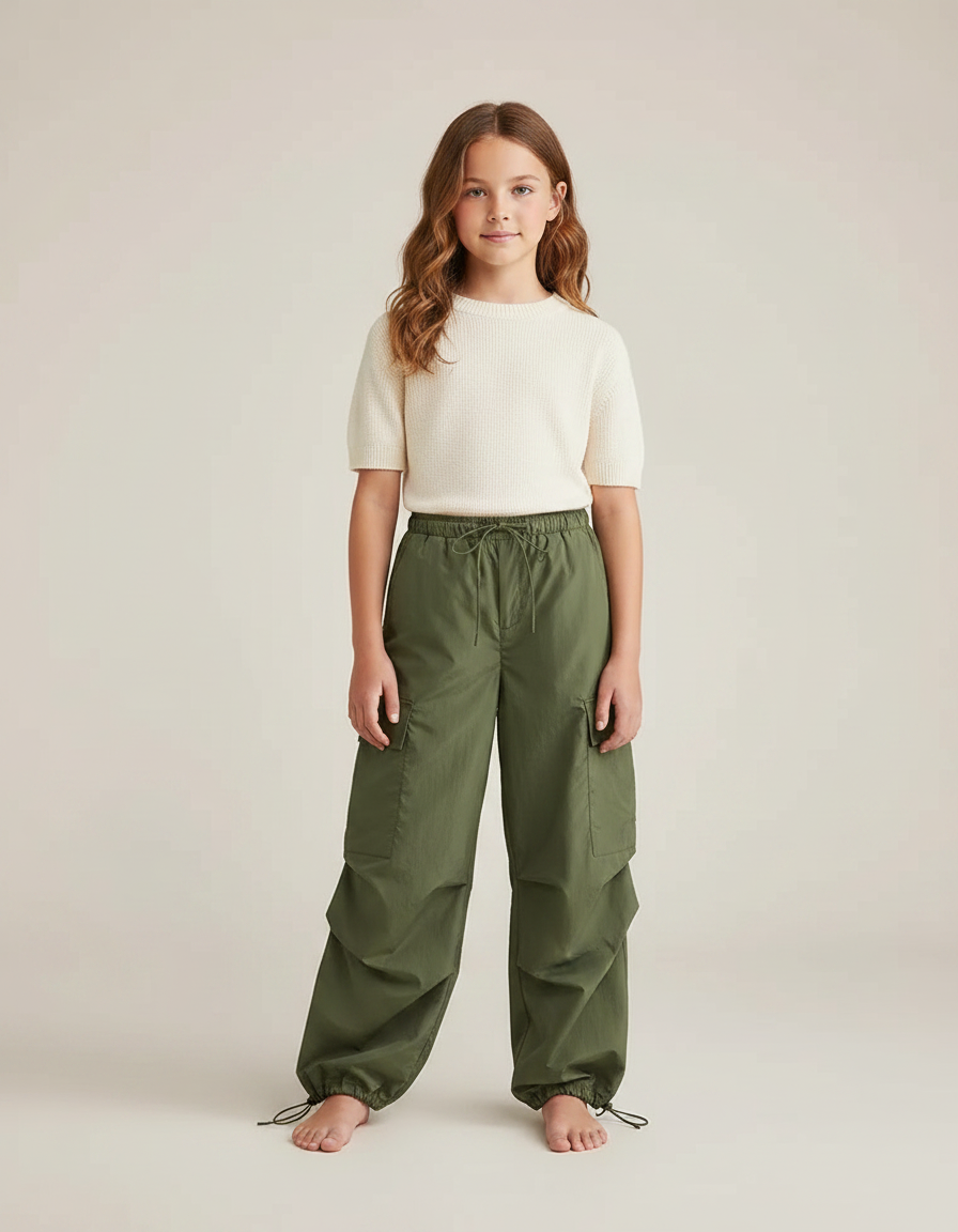 Pantalon Parachute Kaki Cargo Ample Cordon Enfant - Polyester