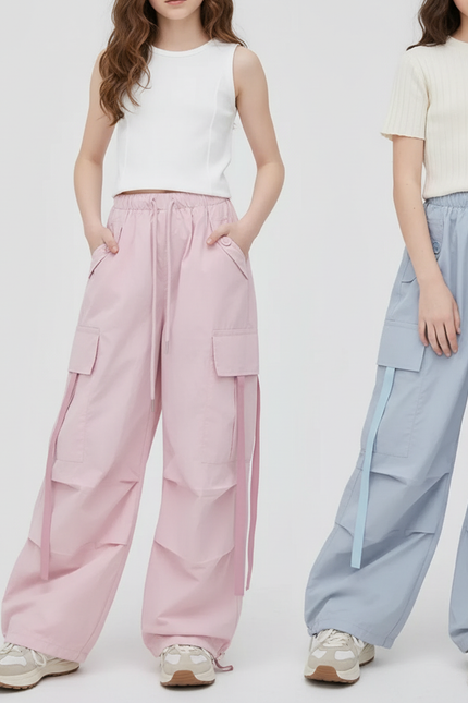 Pantalon Parachute Rose Bleu Ample Cargo Fille - Polyester
