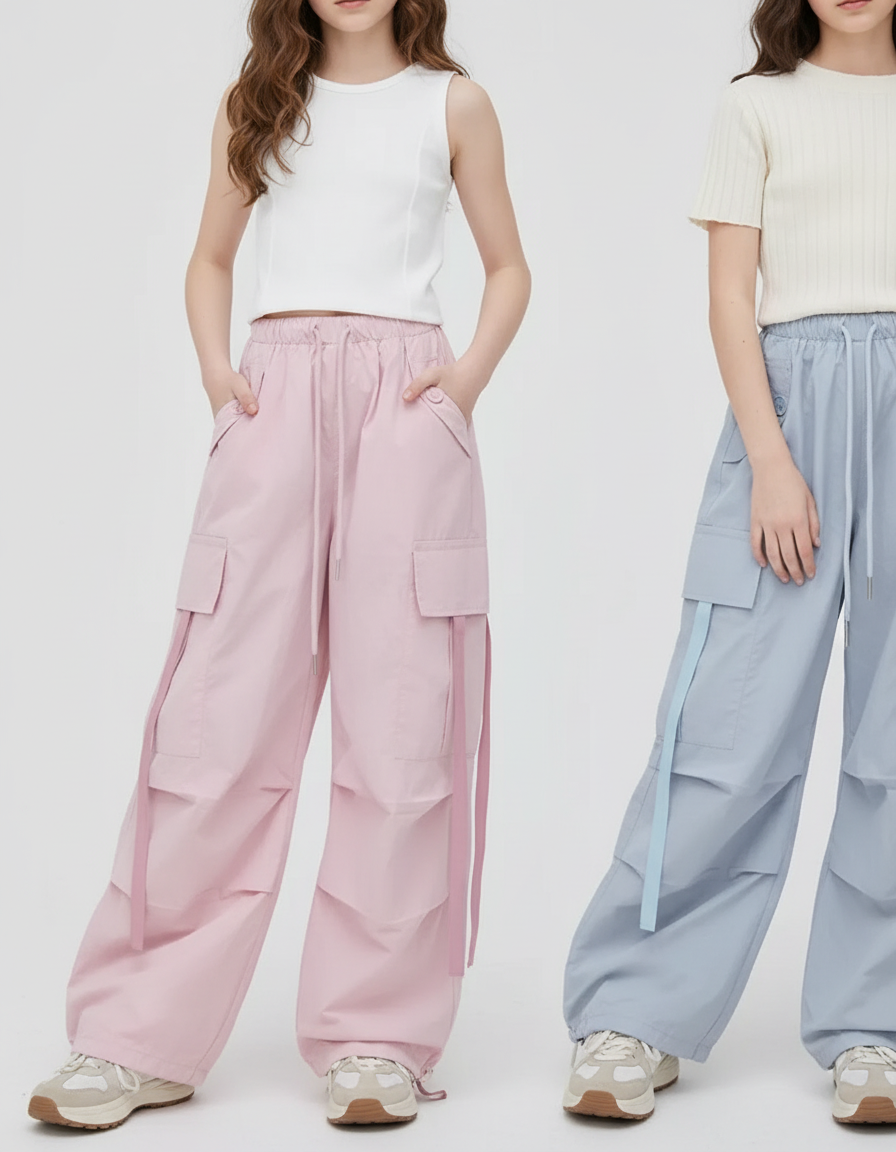 Pantalon Parachute Rose Bleu Ample Cargo Fille - Polyester