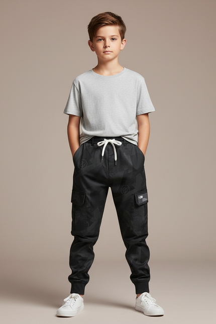 Pantalon Parachute Noir Cargo Imprimé Géométrique Cordon Enfant - Polyester