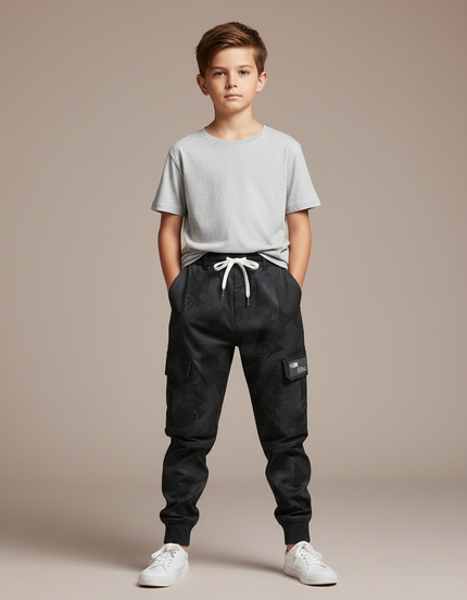 Pantalon Parachute Noir Cargo Imprimé Géométrique Cordon Enfant - Polyester