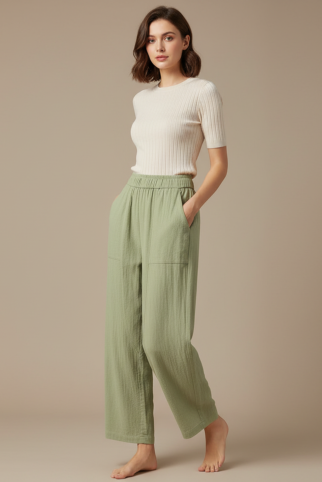 Pantalon Parachute Vert Coton Ample Droit Décontracté