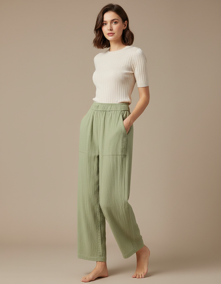 Pantalon Parachute Vert Coton Ample Droit Décontracté