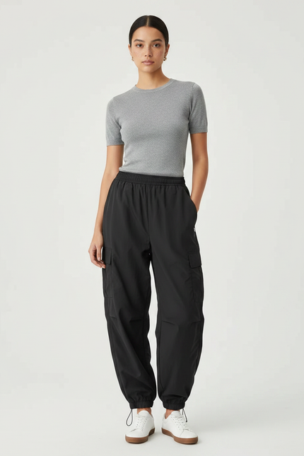 Pantalon Parachute Noir Coupe Cargo Ample Fluide - Polyester