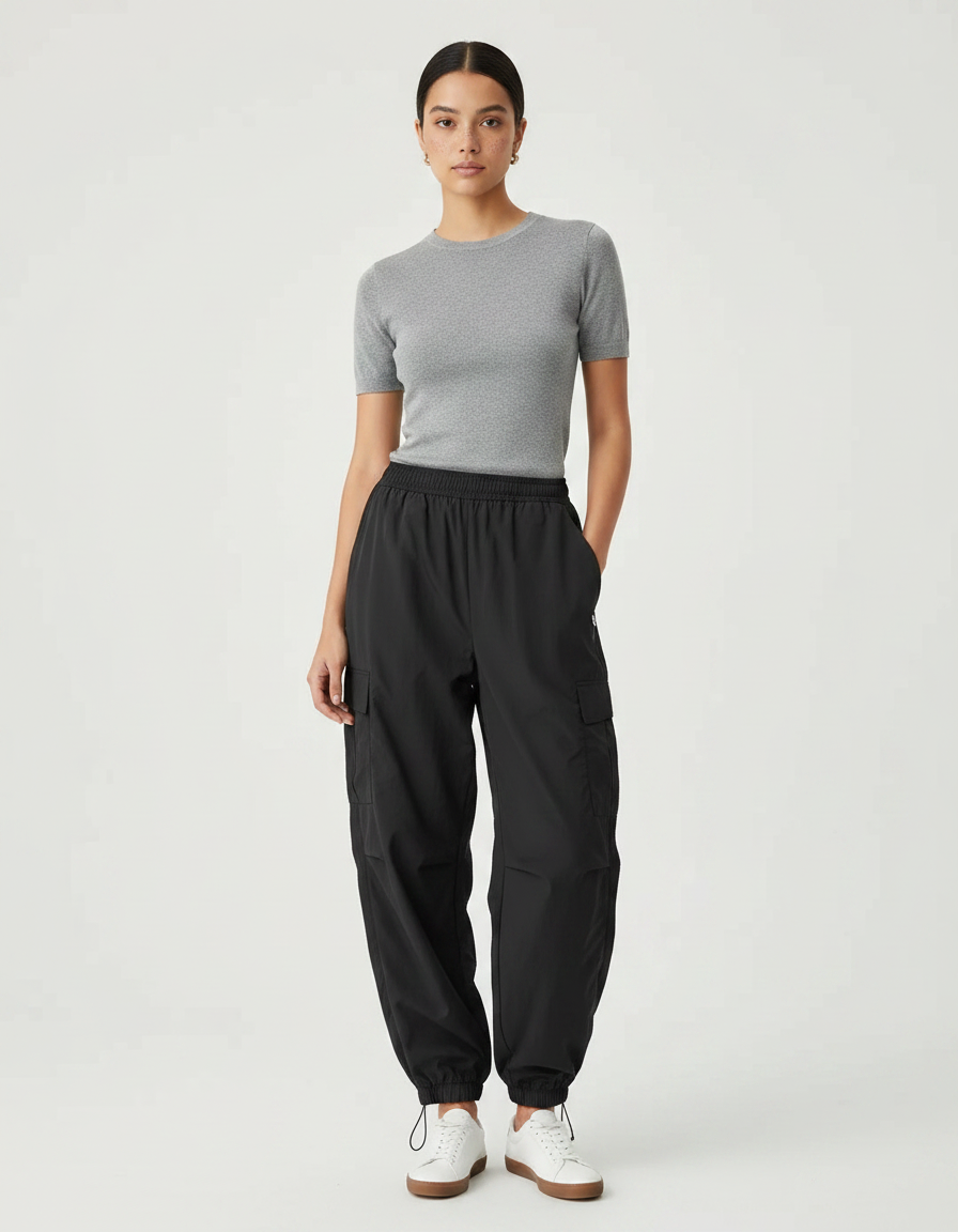 Pantalon Parachute Noir Coupe Cargo Ample Fluide - Polyester