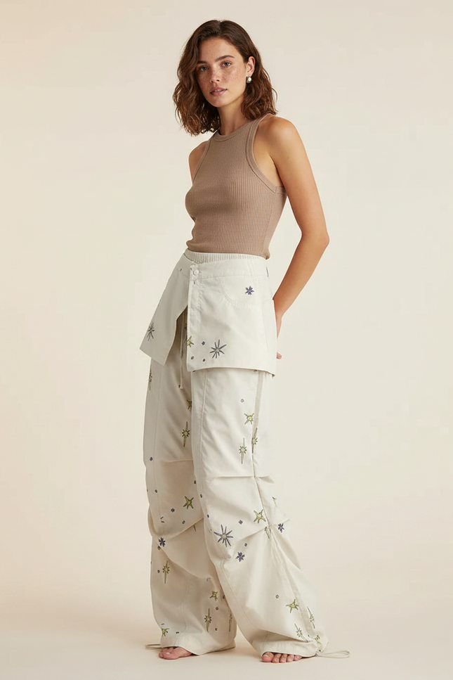 Pantalon Parachute Crème Étoiles Ample Décontracté Fluide - Beige Polyester