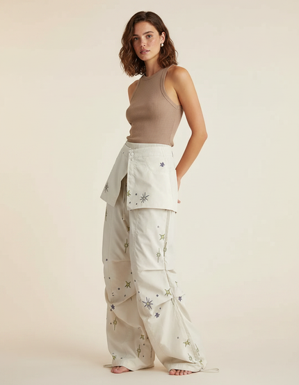 Pantalon Parachute Crème Étoiles Ample Décontracté Fluide - Beige Polyester