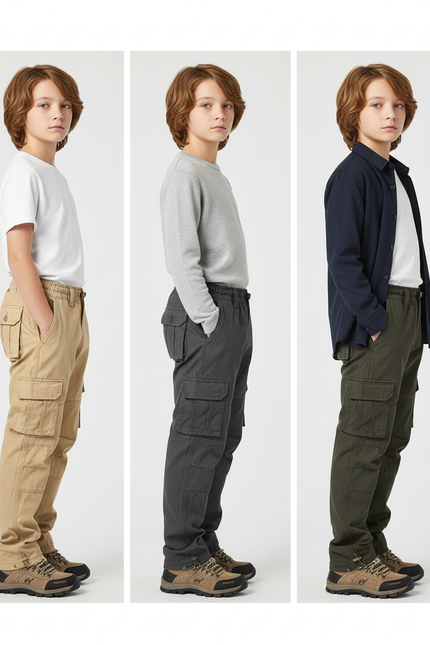 Pantalon Parachute Cargo Ample Coton Enfant - Kaki