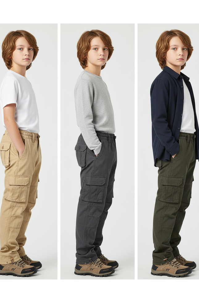 Pantalon Parachute Cargo Ample Coton Enfant - Kaki