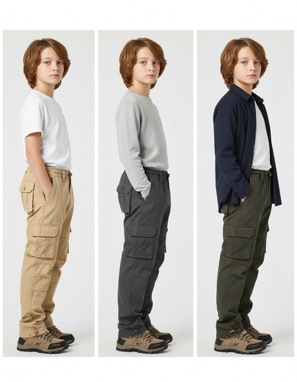 Pantalon Parachute Cargo Ample Coton Enfant - Kaki