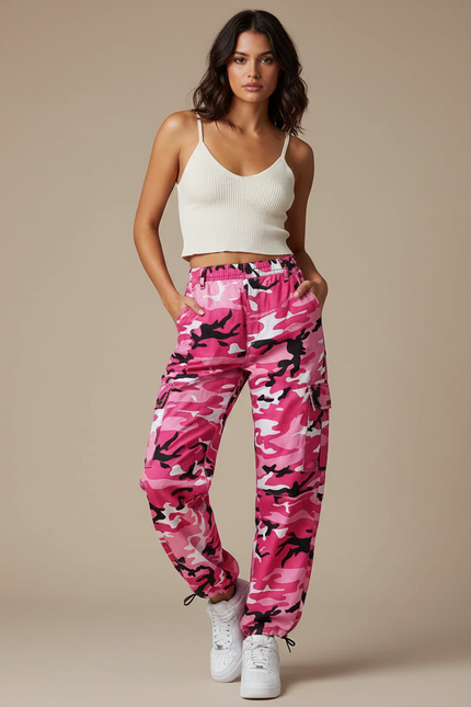 Pantalon Parachute Camouflage Rose Cargo Baggy Femme - Polyester