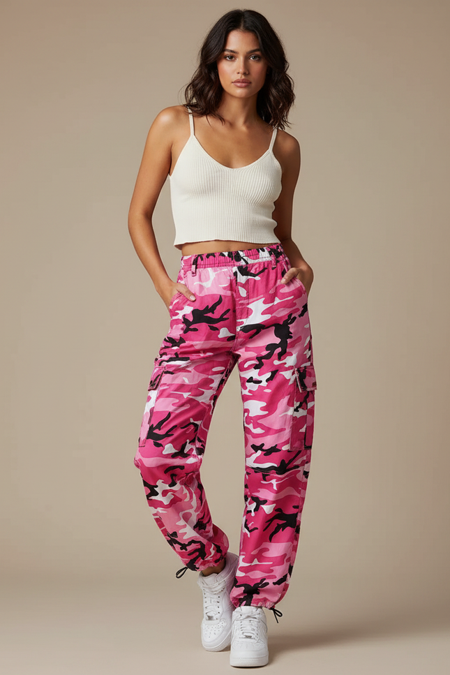 Pantalon Parachute Camouflage Rose Cargo Baggy Femme - Polyester