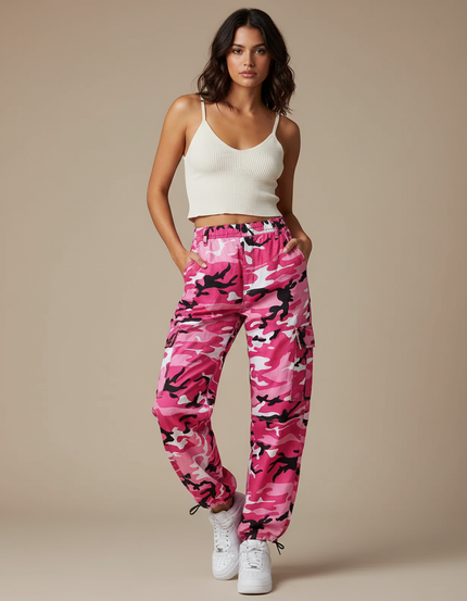Pantalon Parachute Camouflage Rose Cargo Baggy Femme - Polyester