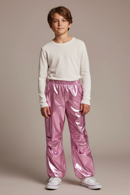 Pantalon Parachute Métallisé Rose Ample Enfant Brillant - Polyester