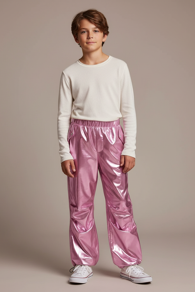 Pantalon Parachute Métallisé Rose Ample Enfant Brillant - Polyester