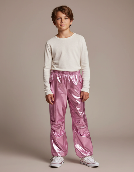 Pantalon Parachute Métallisé Rose Ample Enfant Brillant - Polyester