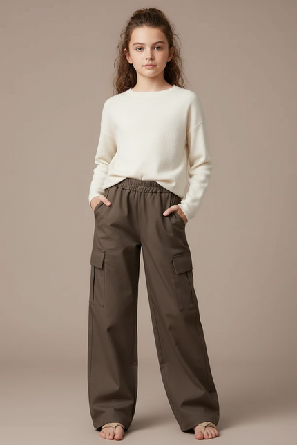 Pantalon Parachute Cargo Ample Marron Fille - Gabardine