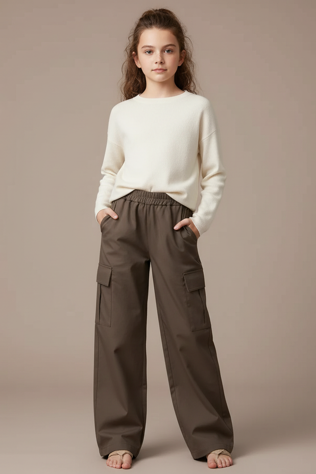 Pantalon Parachute Cargo Ample Marron Fille - Gabardine