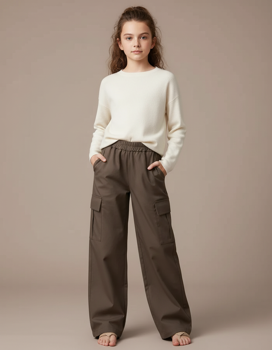 Pantalon Parachute Cargo Ample Marron Fille - Gabardine