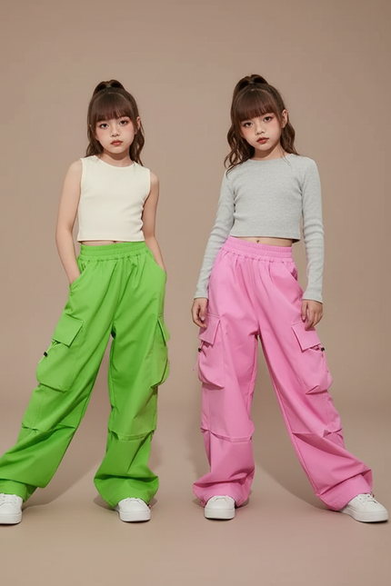 Pantalon Parachute Cargo Ample Fluide Fille - Vert Polyester