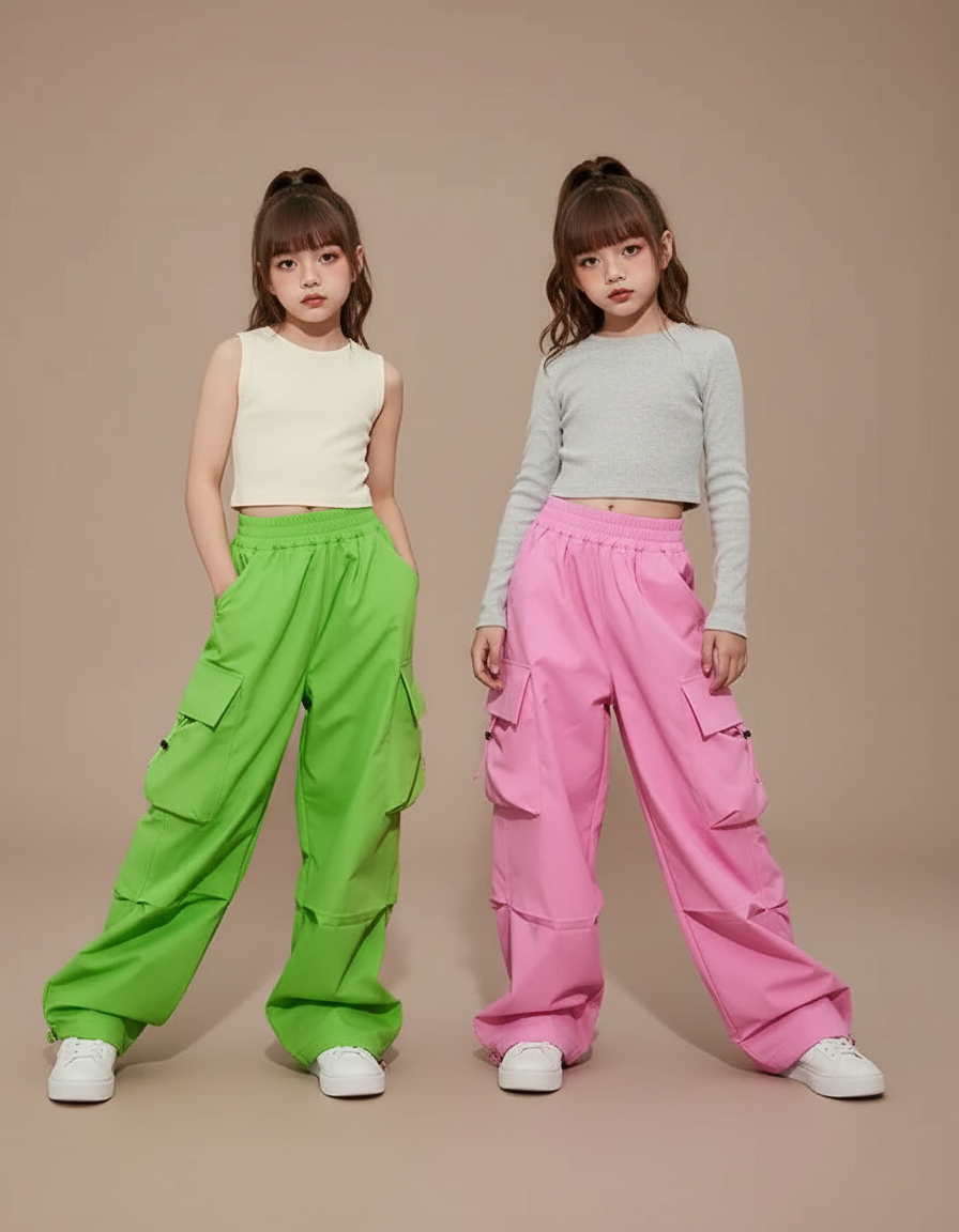 Pantalon Parachute Cargo Ample Fluide Fille - Vert Polyester