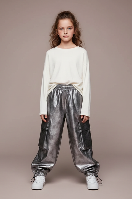 Pantalon Parachute Argenté Cargo Ample Métallisé Enfant - Simili cuir