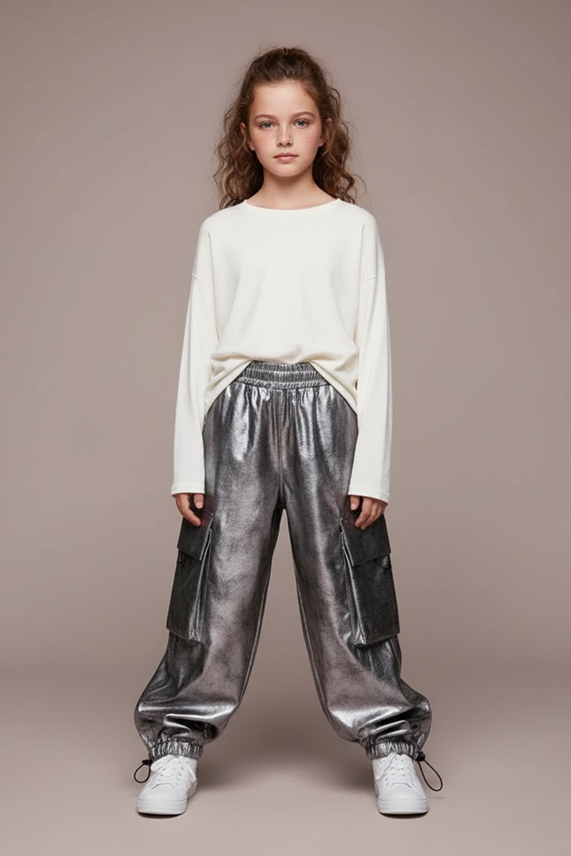 Pantalon Parachute Argenté Cargo Ample Métallisé Enfant - Simili cuir