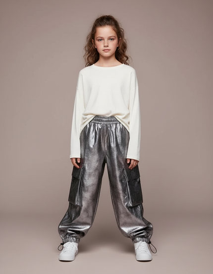 Pantalon Parachute Argenté Cargo Ample Métallisé Enfant - Simili cuir