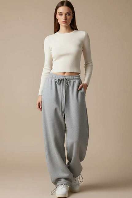 Pantalon Parachute Gris Ample Cordon Décontracté - Molleton