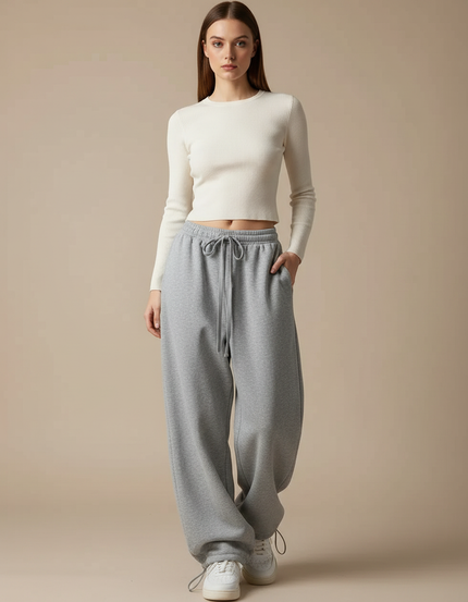Pantalon Parachute Gris Ample Cordon Décontracté - Molleton