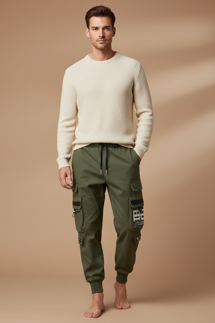 Pantalon Parachute Vert Kaki Cargo Imprimé Cordon Homme - Polyester