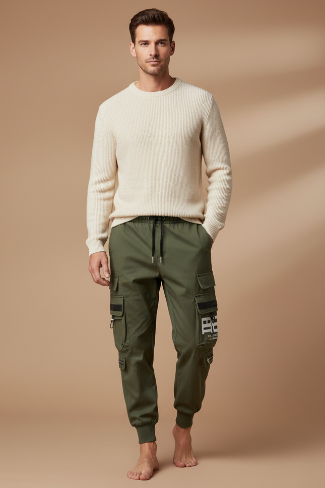 Pantalon Parachute Vert Kaki Cargo Imprimé Cordon Homme - Polyester