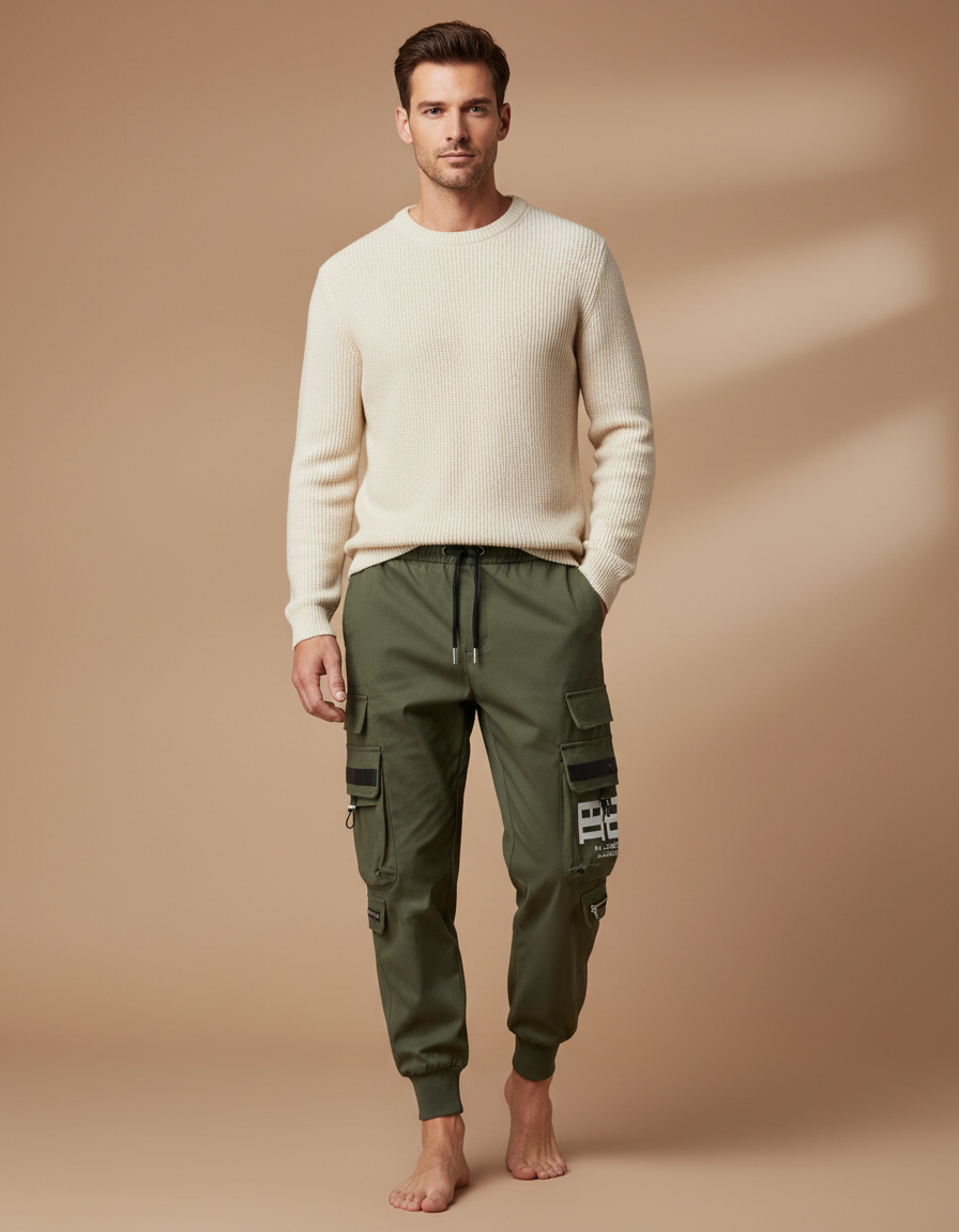 Pantalon Parachute Vert Kaki Cargo Imprimé Cordon Homme - Polyester
