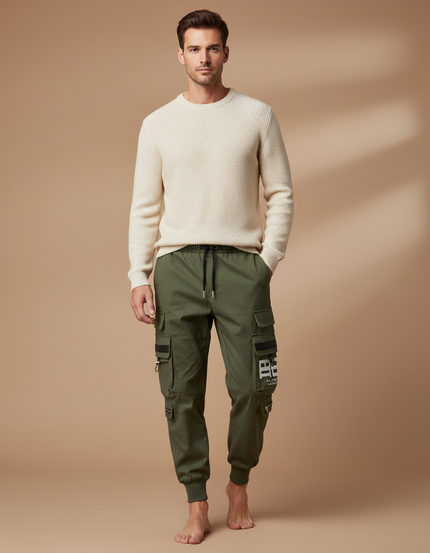 Pantalon Parachute Vert Kaki Cargo Imprimé Cordon Homme - Polyester