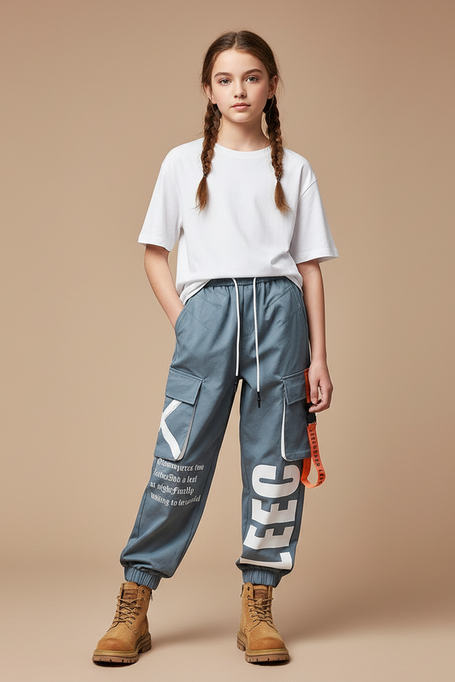 Pantalon Parachute Gris Cargo Imprimé Ample Streetwear - Toile