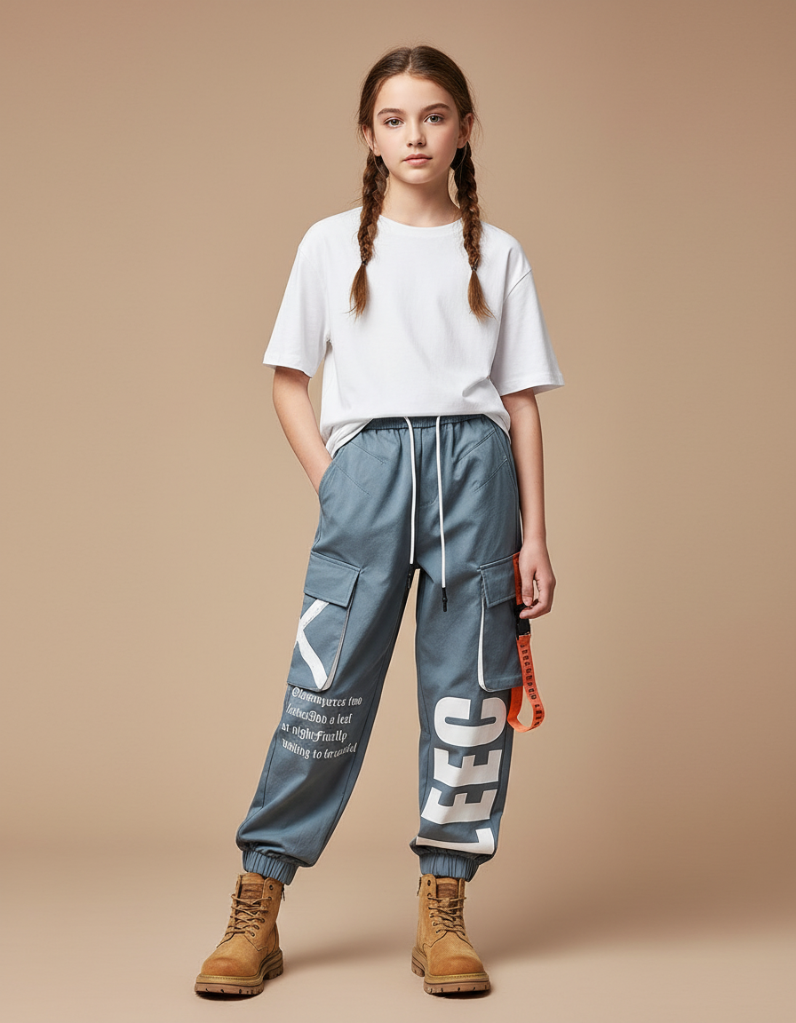 Pantalon Parachute Gris Cargo Imprimé Ample Streetwear - Toile
