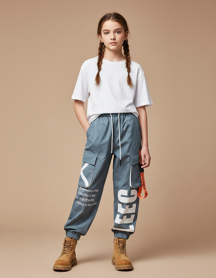 Pantalon Parachute Gris Cargo Imprimé Ample Streetwear - Toile