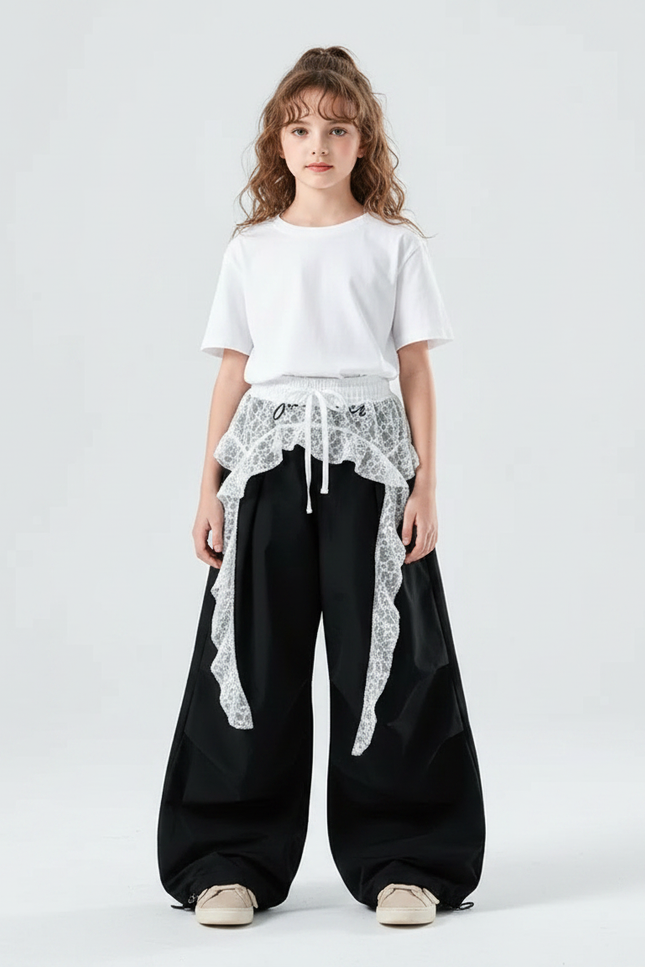 Pantalon Parachute Noir Ample Dentelle Fille - Polyester