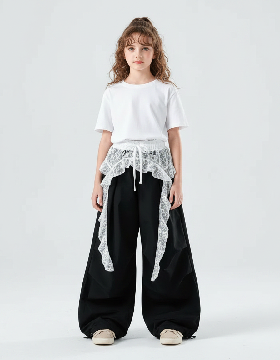 Pantalon Parachute Noir Ample Dentelle Fille - Polyester