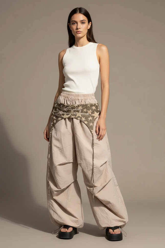 Pantalon Parachute Beige Ample Étoiles Vintage Y2K Femme - Polyester