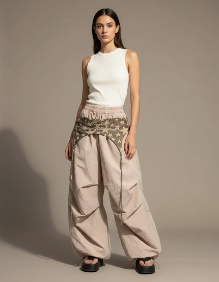 Pantalon Parachute Beige Ample Étoiles Vintage Y2K Femme - Polyester